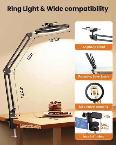 Vista 6 de Soporte de Montaje de Teléfono con Cámara Aérea y Anillo de Luz Mejorado para Escritorio, Evershop Luz para Selfie de 10" con Trípode para iPhone