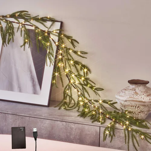 Hairui Guirnalda de pino Norfolk iluminada, 110 luces de hadas con temporizador, guirnalda con luces de 6 pies alimentada por USB y funciona con
