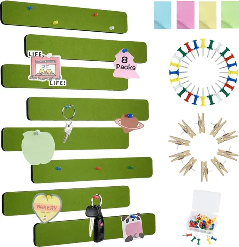 Vista 22 de Vuzvuv 8 tiras de barra de tablón de anuncios con 50 alfileres y 10 pines de clip de madera, tablero de corcho autoadhesivo para pared, tablero