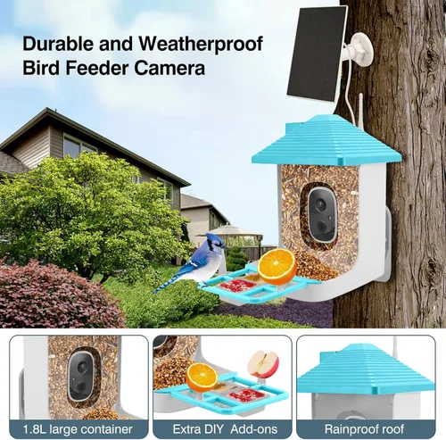 Vista 4 de Comedero inteligente para pájaros con cámara, identificación de especies con inteligencia artificial, casa de pájaros con energía solar, alertas