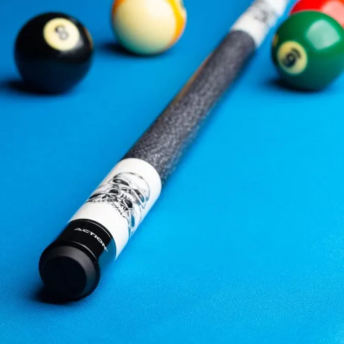 Vista 6 de Action Adventure Billiards Pool Cue Stick - 13mm 7-Layered Tip, 29" Hard Rock Maple Wood Shaft with 10-12" Pro Taper - Black and White Skulls - 21oz