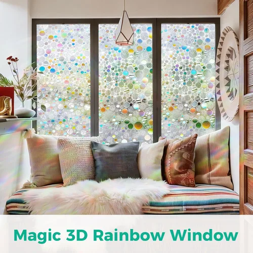 Vista 2 de Película de ventana tipo vidrio manchado Película de ventana arco iris Película de privacidad de ventana, burbuja transparente iridescente
