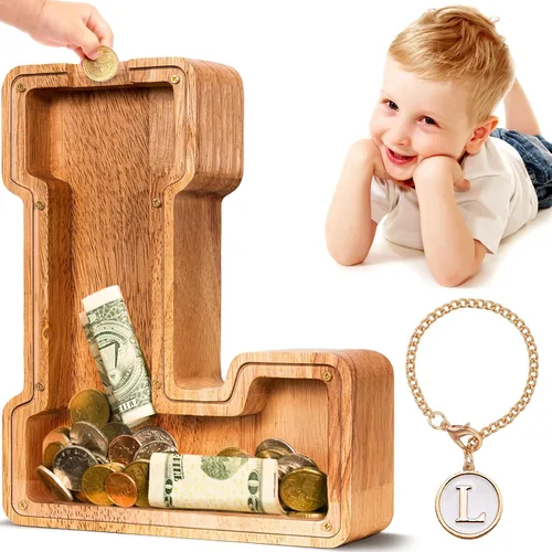 Vista 51 de SummiDate Alcancía de madera de letra para niños y niñas, Alfabeto, regalo de cumpleaños para niños (W)