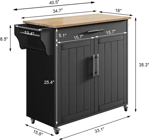 Vista 2 de Carrito de isla de cocina con almacenamiento, madera, negro