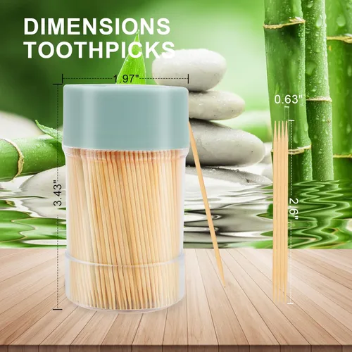 Vista 3 de Palillos de dientes de bambú [3000 unidades] - Con soporte para palillos de dientes reutilizable, púas de dientes de acabado liso resistente