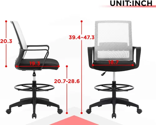 Vista 25 de Silla de redacción alta para oficina, silla de escritorio ergonómica de malla con respaldo medio con anillo de pie ajustable para escritorio Negro