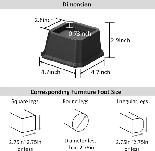 Vista 4 de Elevadores de Cama de 2 Pulgadas Resistentes Elevadores de Cama, Juego de 6 Eleva Hasta 2000 Libras Elevador de Muebles para Sofá y Mesa, Negro
