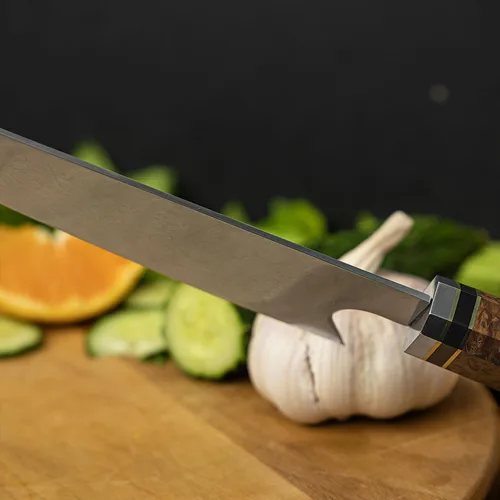 Vista 5 de Seido Knives Kiritsuke - Cuchillo de chef de acero Damasco, mango de madera estabilizado con resina epoxi, cuchillo de cocina profesional VG10
