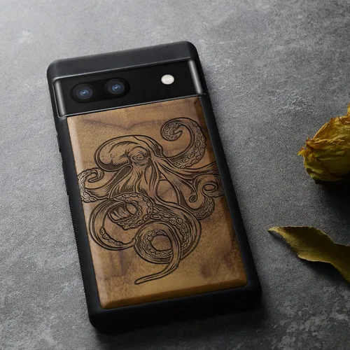 Vista 8 de Carveit Funda de madera para Pixel 6a [madera natural y TPU suave negro] a prueba de golpes, funda de madera única compatible con Google Pixel 6a