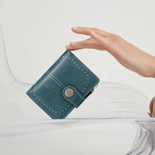 Vista 5 de Billetera pequeña para mujeres bifold portador de tarjetas de crédito con bloqueo RFID con bolsillo con cremallera, A01 verde , Compacto