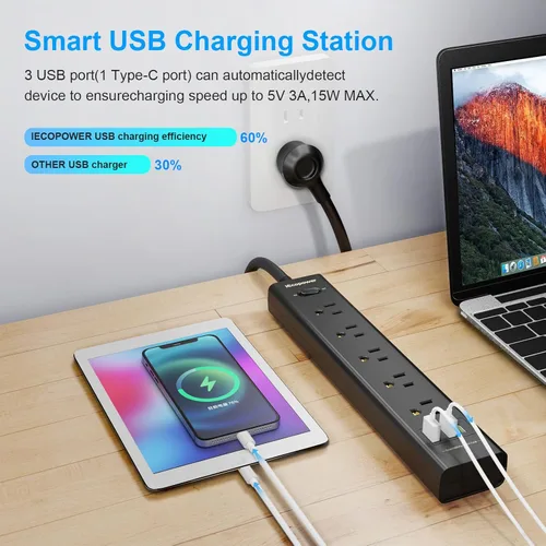 Vista 3 de Paquete de 2 Regletas de Enchufes con Protección contra Sobretensiones - 5 Enchufes Ampliamente Espaciados, 3 Puertos USB (1 Puerto USB C)