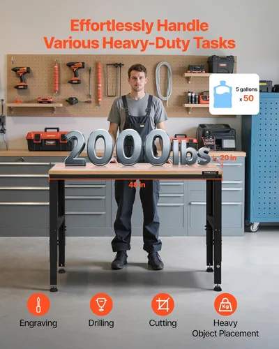 Vista 2 de VEVOR Banco de trabajo ajustable, mesa de trabajo resistente de 48 x 20 pulgadas con ajuste de altura de 28.5-38.3 pulgadas, banco de trabajo