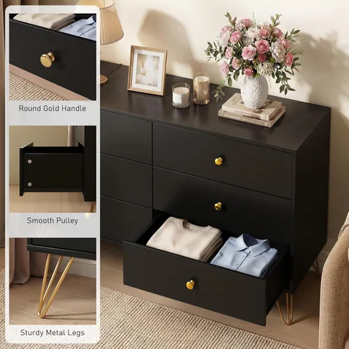 Vista 4 de Tradare Cómoda negra para dormitorio, cómoda de 6 cajones con asas doradas, armario de almacenamiento grande, moderna cómoda organizadora de cajones