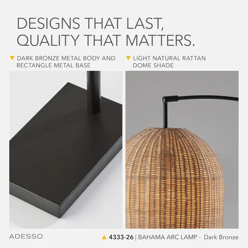 Vista 5 de Adesso Lámpara de pie de arco de bronce con pantalla de ratán – Moderna luz de acento costera para dormitorio, sala de estar u oficina en casa, 80