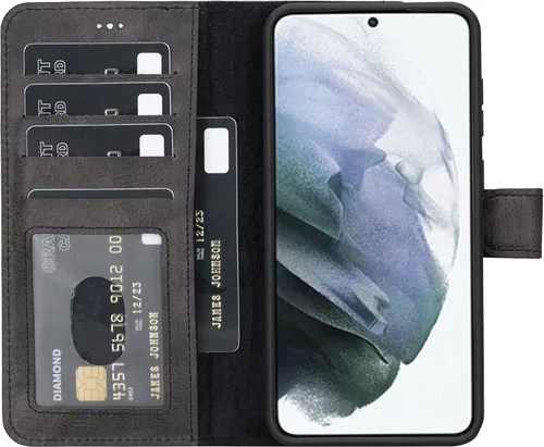 Vista 12 de HARDISTON Funda tipo cartera compatible con Samsung Galaxy S21, hecha a mano, de piel auténtica, cubierta magnética desmontable tipo flip con Negro