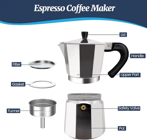 Vista 3 de olla de moka de 12 tazas de aluminio de 600ml, cafetera italiana para estufa, cafetera de expreso para cafeteras moka, percolador de café mocha