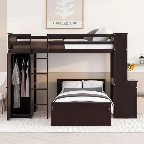 Vista 3 de Cama tipo loft de tamaño individual con armario, marco de cama de madera con plataforma independiente, estantes de almacenamiento y barandilla