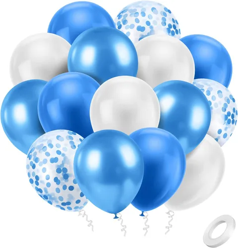 Ainiv 15 globos de fiesta gruesos azules con cinta y confeti, globos metálicos de látex para baby showers, bodas, graduaciones y cumpleaños