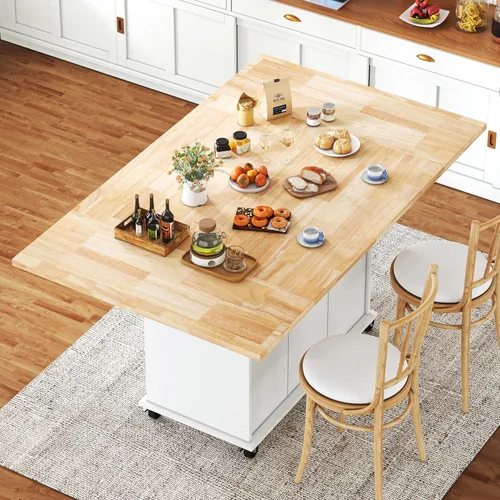 Vista 10 de 62.8" Rolling Kitchen Island with Drop Leaf Rubberwood Countertop, Mobile Kitchen Cart with Storage Cabinet & Lockable Wheel, Space-Saving Foldable