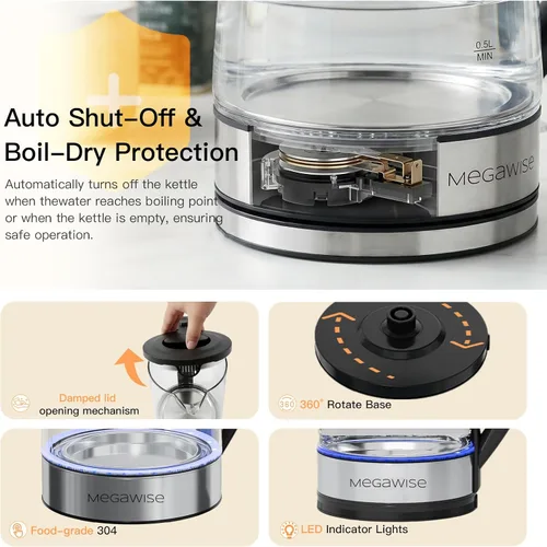 Vista 4 de Megawise Hervidor eléctrico de vidrio con apagado automático, capacidad de 2 litros, 1000 W de ebullición rápida, sin BPA, tapa interior y base