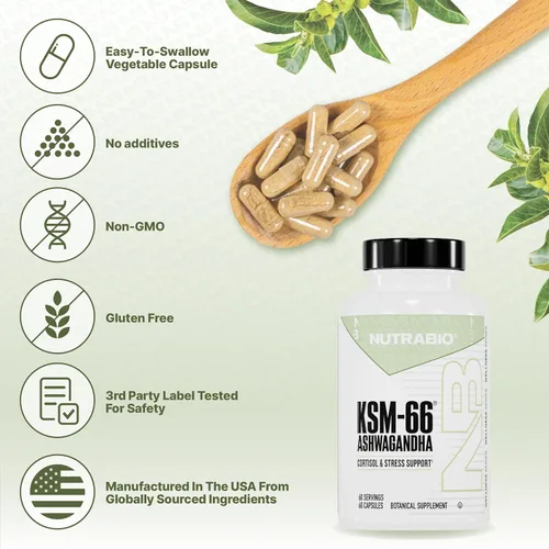 Vista 7 de NutraBio Ashwagandha KSM-66 Suplemento de hierbas Ashwagandha para el estrés, el estado de ánimo y el rendimiento 600 MG de KSM66 clínicamente