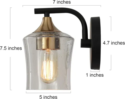 Vista 2 de ZEVNI Apliques de pared modernos de granja, apliques de pared negros y dorados de 1 luz, luces de tocador con pantalla de vidrio sembrado