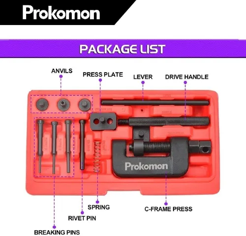 Vista 2 de Prokomon Kit de herramientas para romper cadenas de 13 piezas; herramienta de remache de cadena de motocicleta y ATV, herramienta de extracción