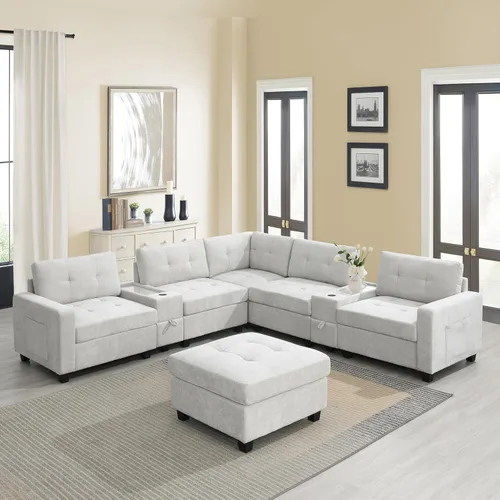 Vista 63 de Sofá modular de felpilla con tapicería en forma de L, sofá modular de 4 asientos con otomana extraíble y 5 almohadas para sala de estar, apartamento