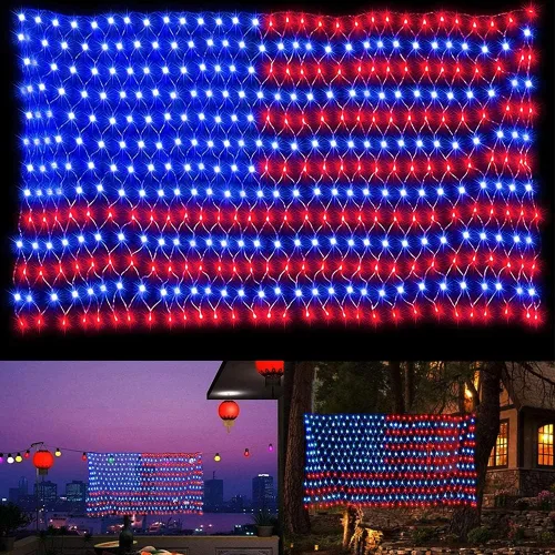 Luces de bandera estadounidense, 420 luces de red de bandera estadounidense, súper brillantes, impermeables, para el Día de la Independencia, 4 de