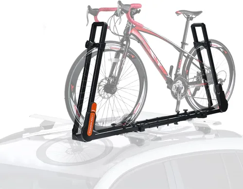 TOOENJOY Soporte de bicicleta en el techo para coche SUV, soporte de bicicleta de montaje en el techo vertical con 2 brazos para barra transversal