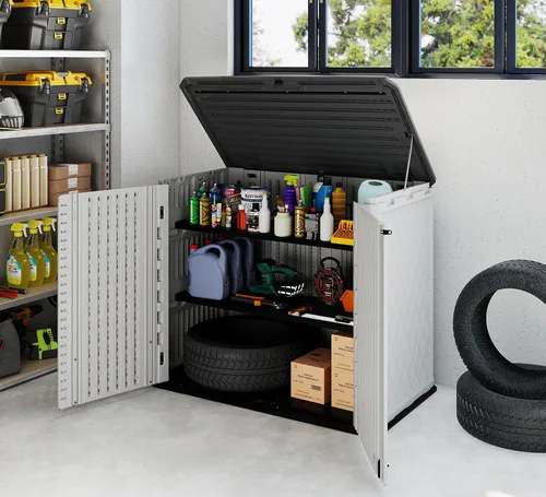 Vista 6 de HOMSPARK Cobertizo de Almacenamiento Resistente a la Intemperie, Armario de Almacenamiento Multiusos para Exteriores para Patios y Jardines