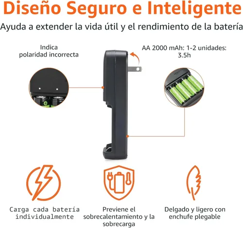 Vista 3 de Amazon Basics Cargador de batería de 4 bahías para baterías recargables AA y AAA con baterías AA NiMh precargadas, funcionamiento LED, enchufe tipo