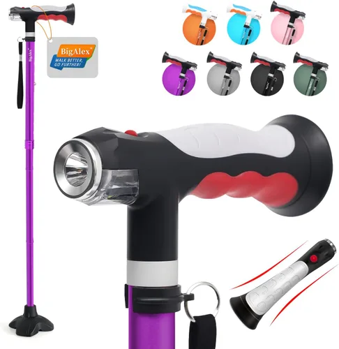 Vista 9 de BigAlex Bastón plegable con dos luces LED para ancianos, base sólida, bastón ajustable con bolsa de transporte para hombres y mujeres