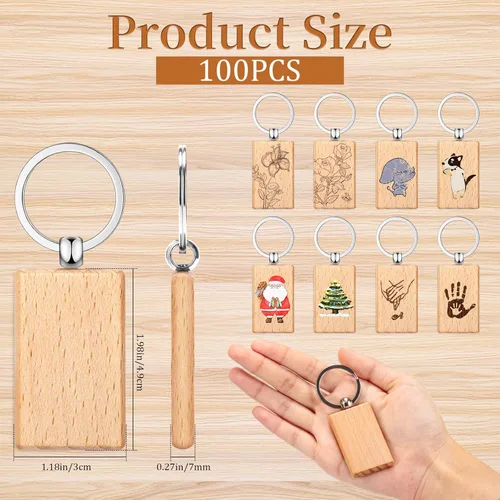 Vista 2 de Yangbaga 100 piezas de rebanadas de madera natural, llavero de madera en blanco sin terminar para grabado láser, manualidades de Navidad, círculos