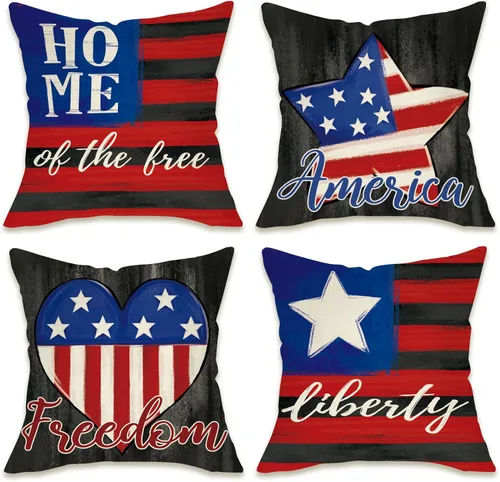 Fahrendom Juego de 4 fundas de almohada decorativas para el Día de los Caídos de 18 x 18 pulgadas, 4 de julio, 4 de julio, diseño patriótico de