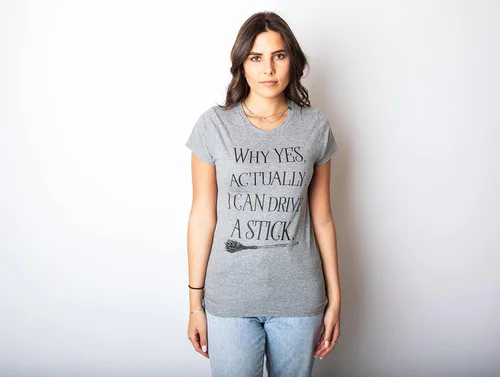 Vista 5 de Camiseta de Halloween para mujer Why Yes I Can Drive A Stick Witch Tees Heather Purple