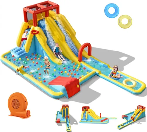 Vista 10 de BOUNTECH Tobogán acuático inflable, tobogán de surf de elefante, parque acuático para niños, castillo hinchable con 2 piscinas de chapoteo, cueva