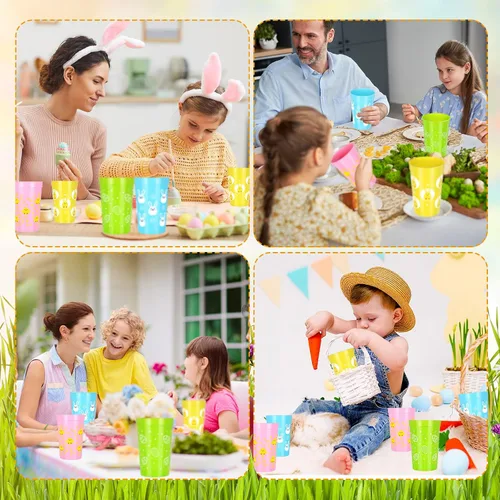 Vista 4 de Meanplan 60 vasos de plástico reutilizables de Pascua, vaso de fiesta de conejo, 12 onzas, tazas de café, café, decoración de Pascua, suministros