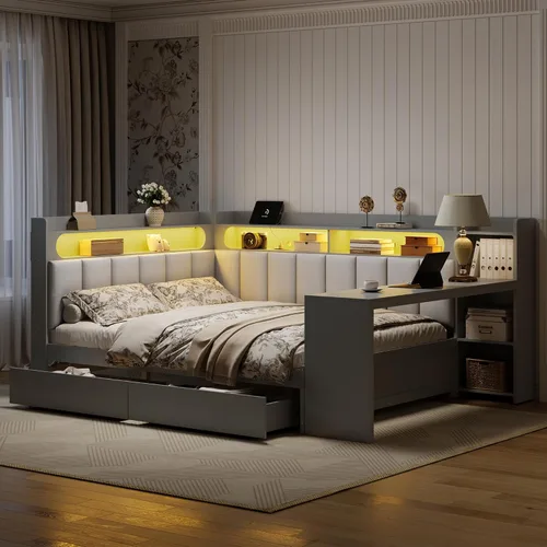 Vista 21 de VilroCaz Cama de sofá de tamaño individual de madera con estantes de almacenamiento y escritorio de estudio, estructura de cama de día Blanco