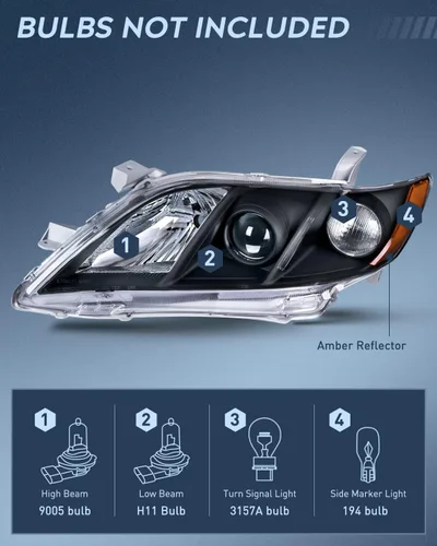 Vista 2 de Nilight - Conjunto de faros delanteros compatible con Toyota Camry 2007 2008 2009, reemplazo de faros, carcasa negra, reflector ámbar, lado