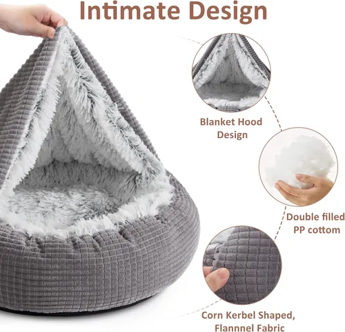 Vista 3 de MIXJOY Cama pequeña para perros y gatos con manta adjunta, camas redondas con capucha acogedoras tipo cueva para perros pequeños, cama de felpa