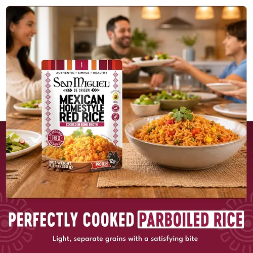 Vista 8 de San Miguel Microondas Arroz Rojo Mexicano, 0.42 oz Proteína Arroz Rojo Mexicano • Caldo de Huesos • Aceite de Aguacate • 0.42 oz de Proteína • Sin