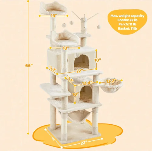 Vista 3 de Yaheetech Árbol para gatos, torre grande de 67 pulgadas con 3 palitos extraíbles, 2 perchas en forma de orejas de gatito, 2 condominios, hamaca