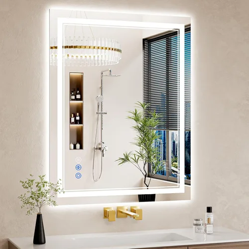 Vista 19 de Espejo de baño LED de 30 x 40 pulgadas con luces, antiniebla, retroiluminado + luz frontal, regulable, espejo de tocador LED para pared, espejo