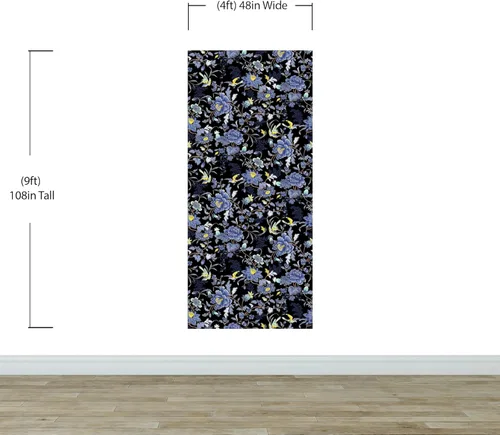 Vista 2 de Blue and Black Tropical Flowers Peel and Stick Wallpaper Wall Mural. Botanical Flowers Leaves on Dark Color Background. #6437 (9ft Tall X 4ft Wide)