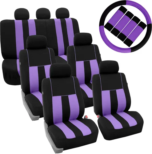Vista 14 de FH Group - Juego completo de tres filas con fundas para asientos de automóvil a rayas de 7 plazas con funda para volante y almohadillas