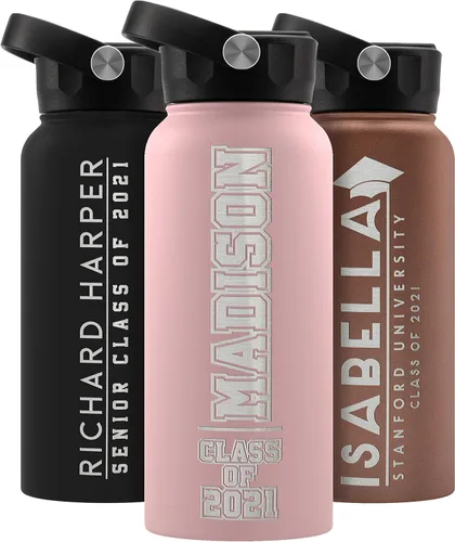 Vista 30 de Regalos de graduación, botella de agua personalizada con tapa con popote, 18 onzas, color negro, botella de agua personalizada con texto, doble