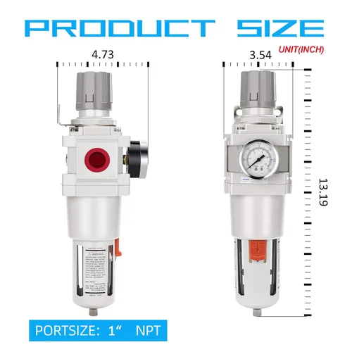 Vista 3 de NANPU 1" NPT Filtro de aire comprimido regulador combinado tipo piggyback, elemento de latón de 5 micrones, cuenco de policarbonato, desagüe