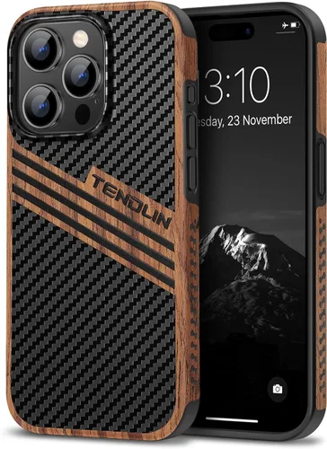 Vista 11 de TENDLIN Compatible con Funda para iPhone 15, Funda de Madera con Textura de Fibra de Carbono, Diseño Híbrido de Cuero Delgado (Negro)