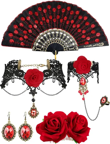 BBTO 5 piezas de Halloween Rose Flamenco Mujer Accesorios Niña Rosa Flor Pinza para el pelo, Abanico Plegable de Tela de Lentejuelas, Gargantilla de